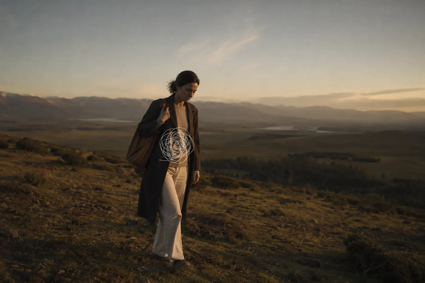 Mujer caminando sola por el campo al atardecer