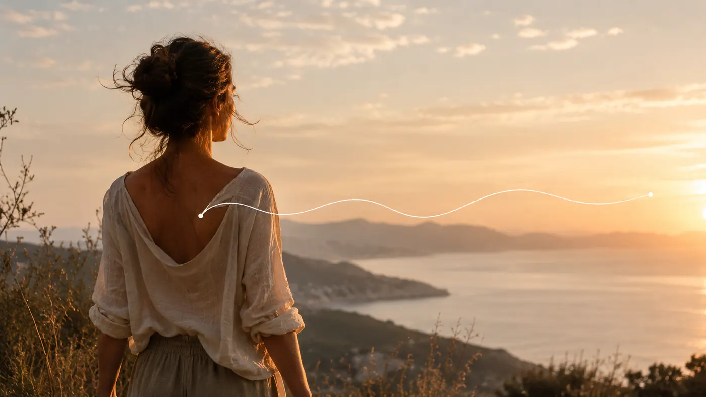 Mujer de espaldas mirando el mar al atardecer, en calma
